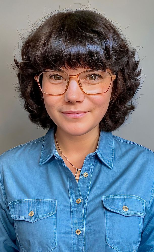 Femme souriante de face aux cheveux courts et foncés.
